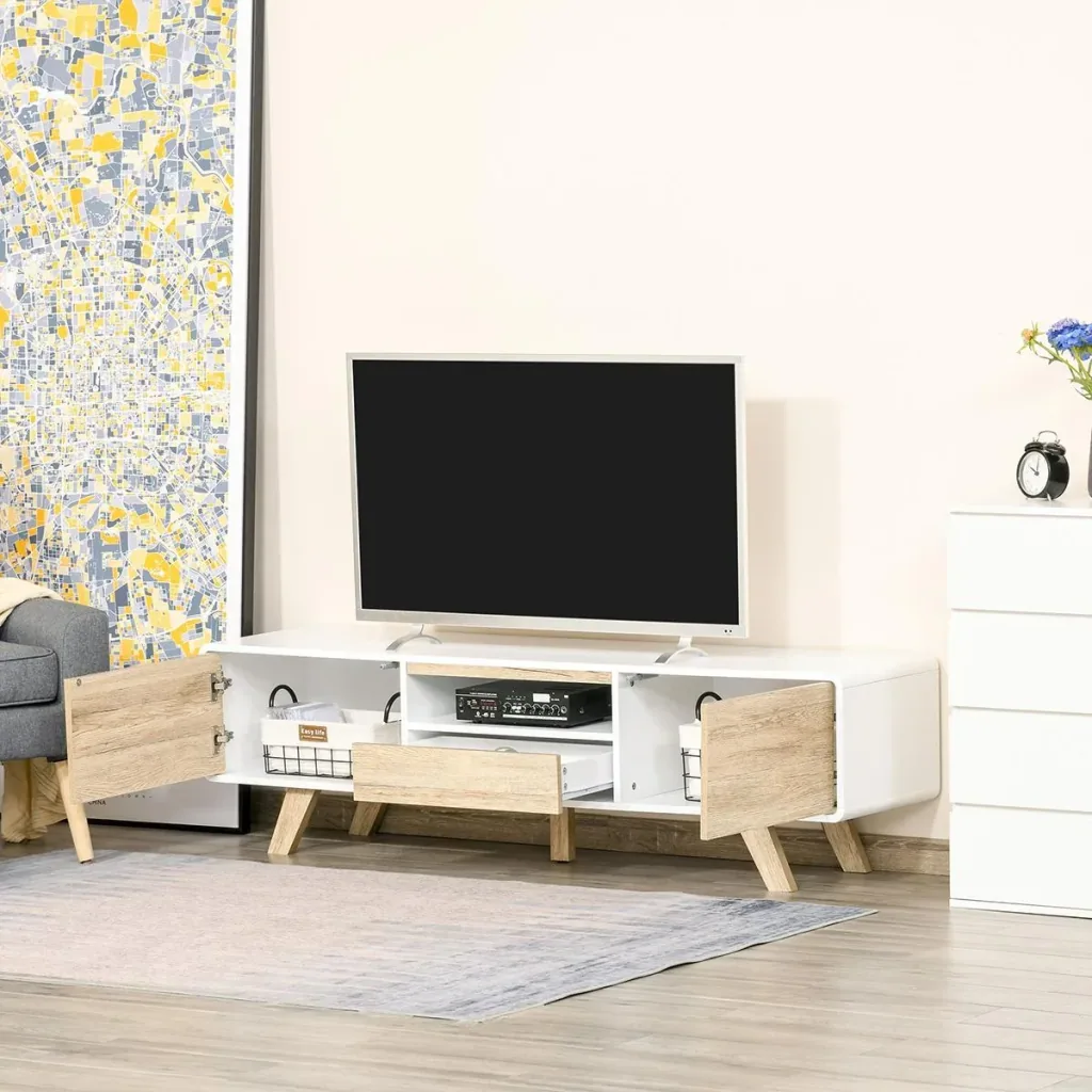 TV cabinet TV lowboard chest of drawers for TVs smaller than 60'' with push-in design drawer living room MDF white + natural 160