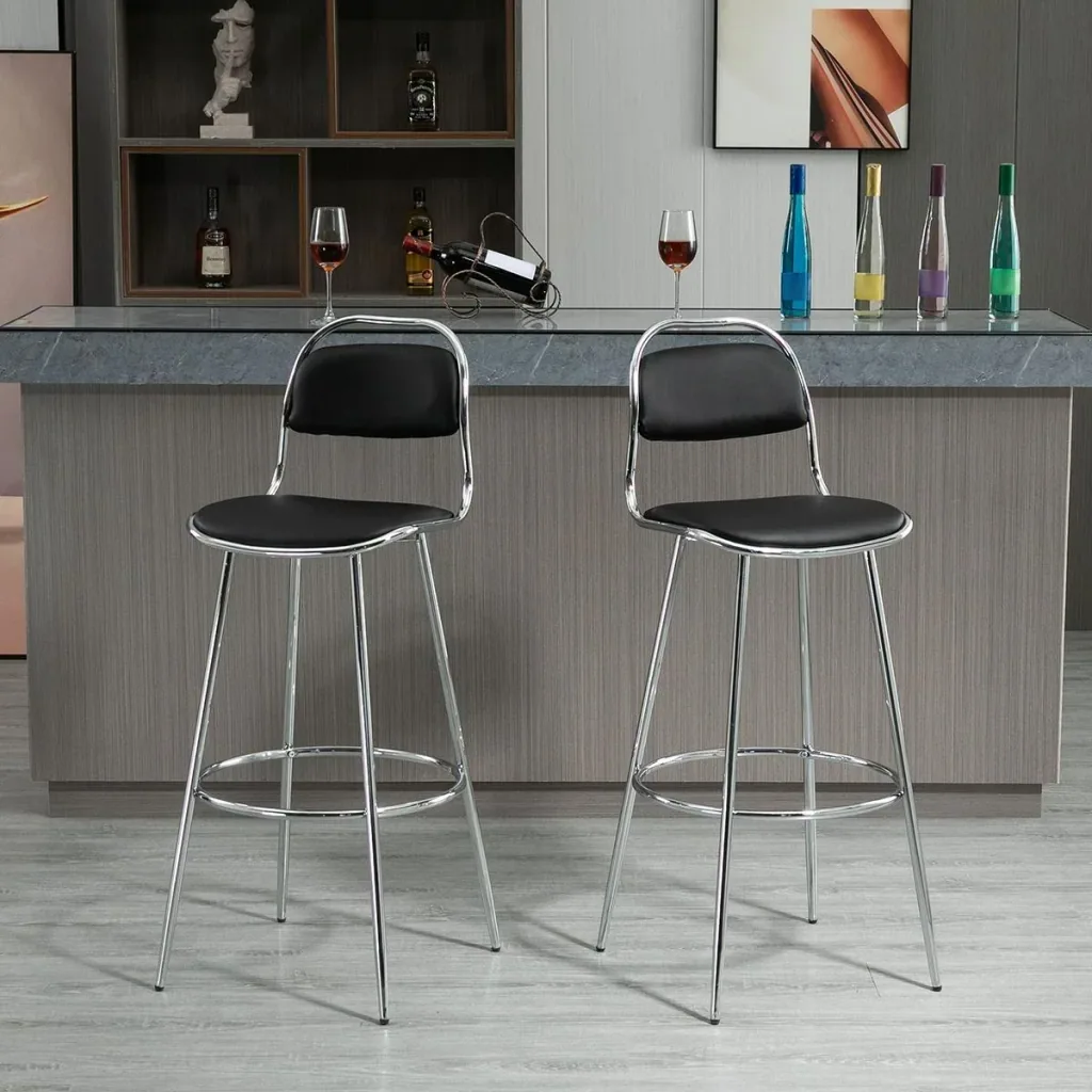 2-piece bar stool kitchen stool with backrest plastic pins for kitchen dining room metal PU foam black 42.5 x