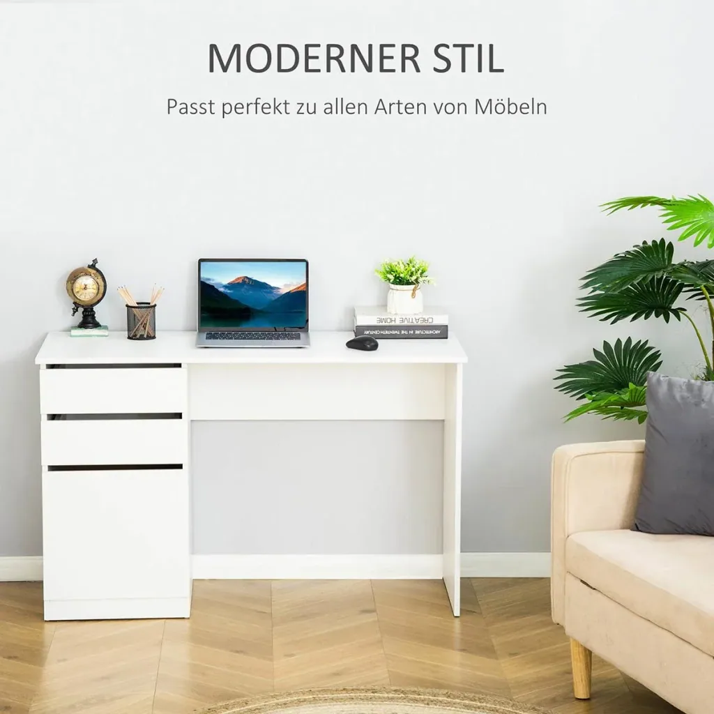 Desk computer table with 2 drawers cabinet work table office table large table top modern white 120 x 50 x 75 c