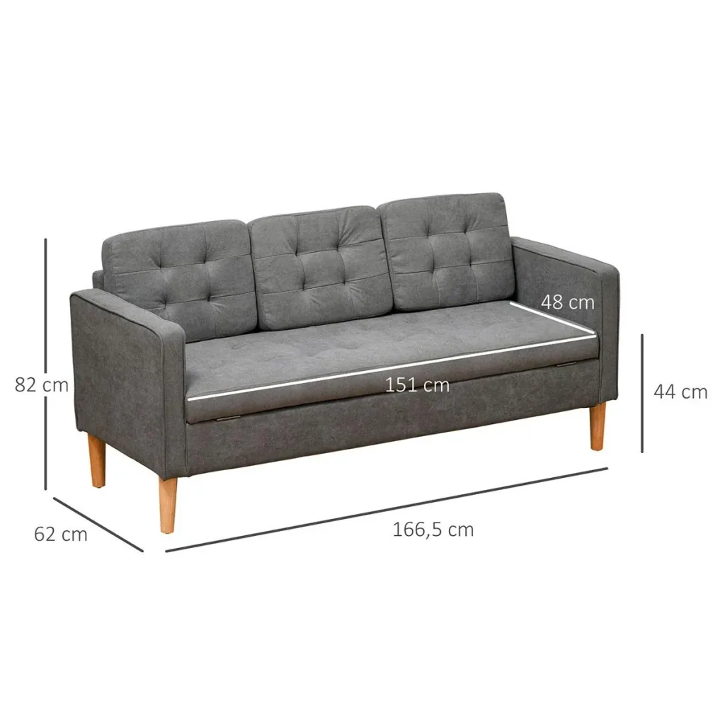 3-seater sofa fabric sofa double sofa removable with cushion rubberwood cotton grey 166.5 x 62 x 82 cm