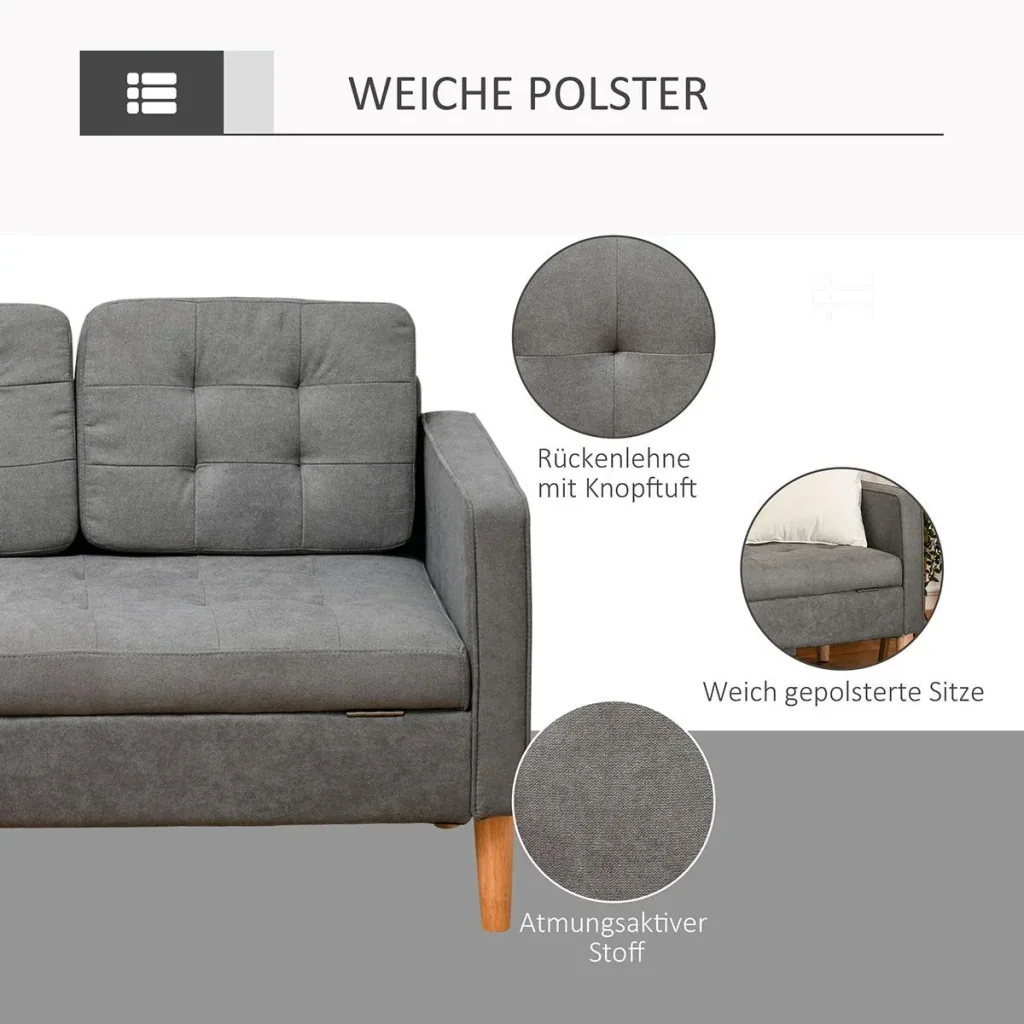 3-seater sofa fabric sofa double sofa removable with cushion rubberwood cotton grey 166.5 x 62 x 82 cm