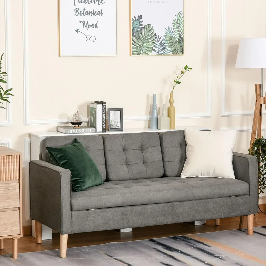 3-seater sofa fabric sofa double sofa removable with cushion rubberwood cotton grey 166.5 x 62 x 82 cm