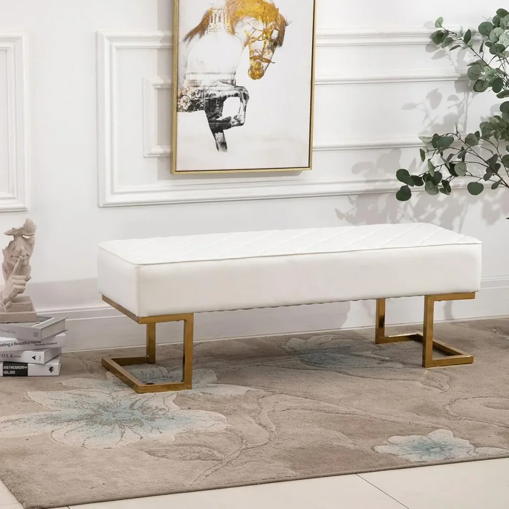 Bench for bedroom, chest bench, bed bench, living room, artificial leather, metal, white + gold, 120 x 43 x 42 cm