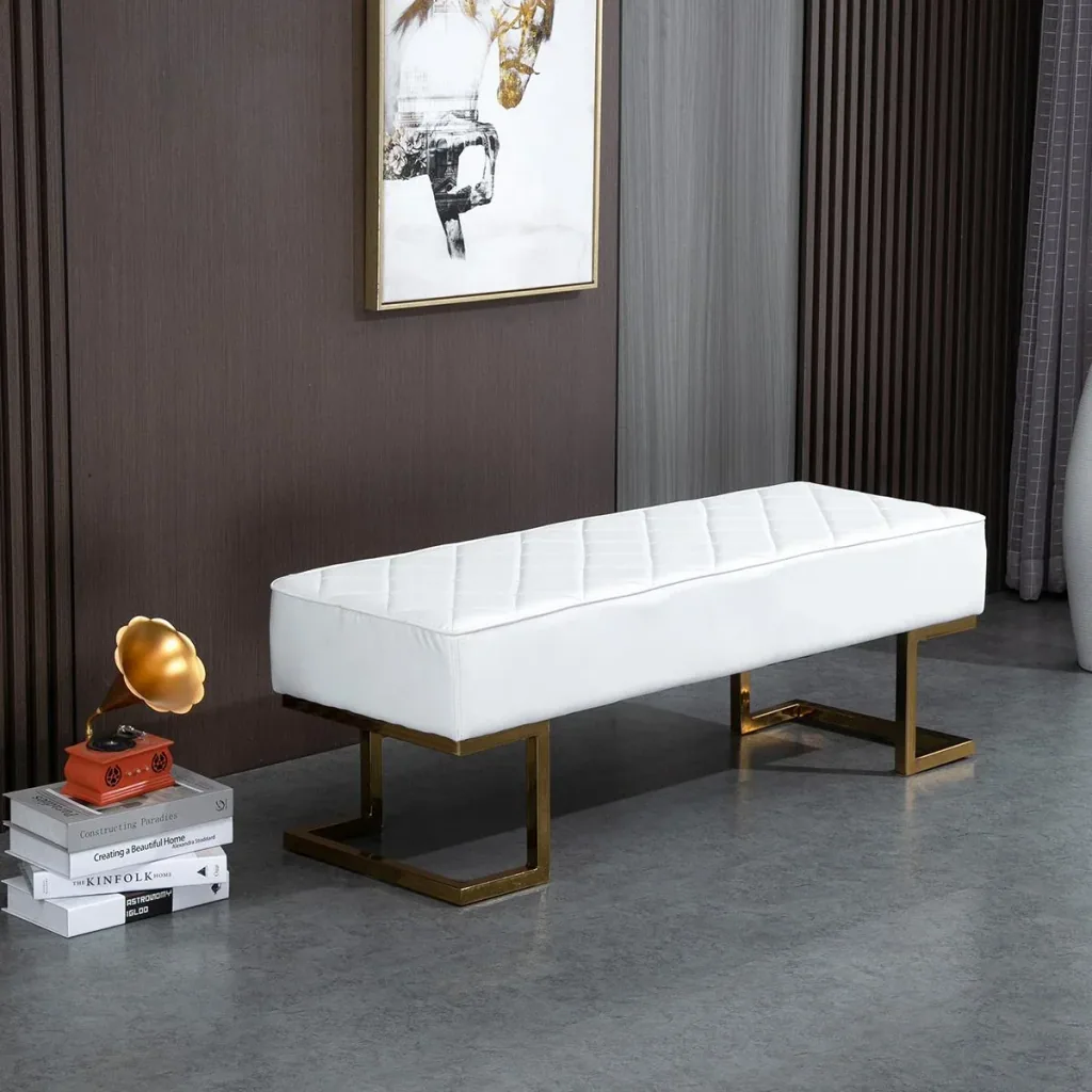 Bench for bedroom, chest bench, bed bench, living room, artificial leather, metal, white + gold, 120 x 43 x 42 cm