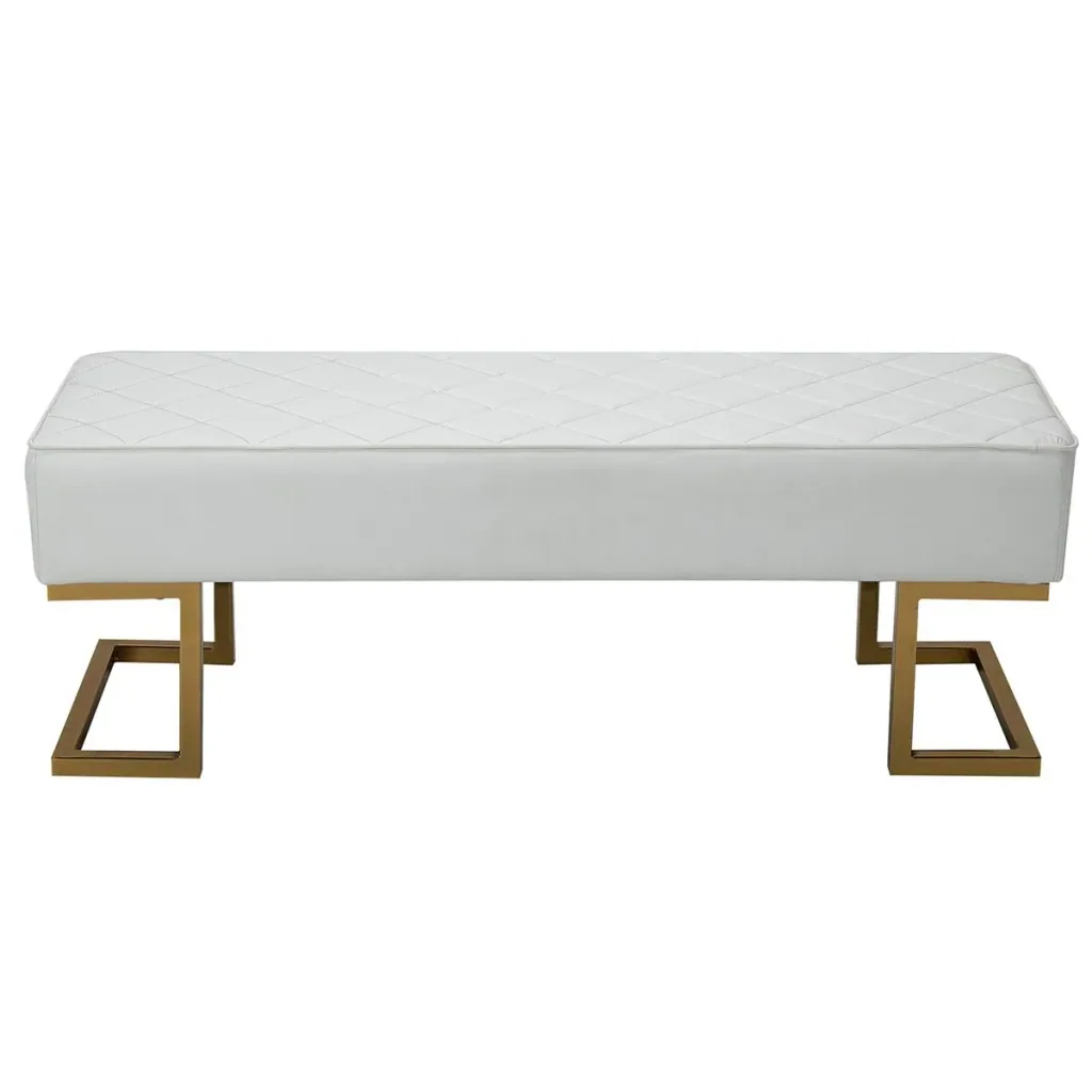 Bench for bedroom, chest bench, bed bench, living room, artificial leather, metal, white + gold, 120 x 43 x 42 cm