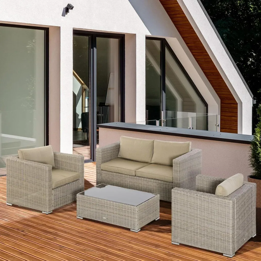 Four-piece rattan-look sofa set with large side table Khaki+Beige