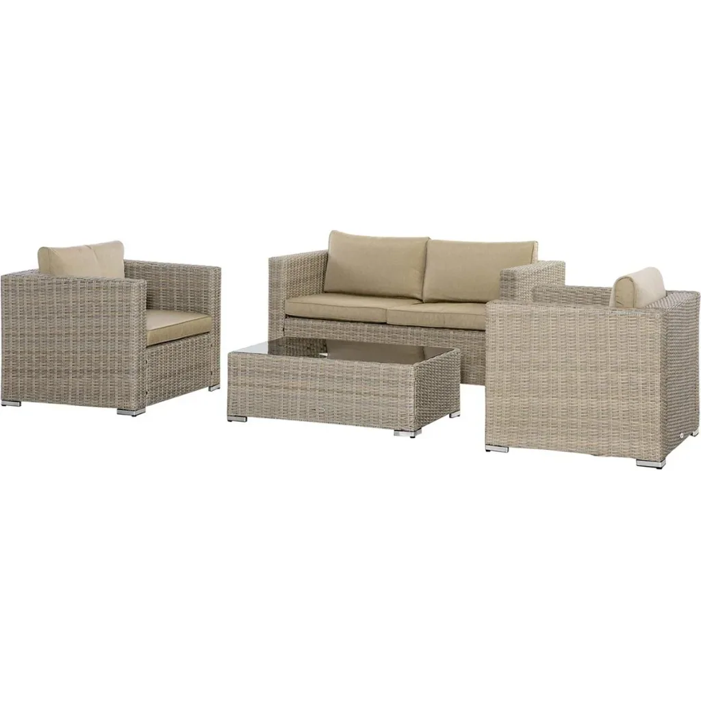 Four-piece rattan-look sofa set with large side table Khaki+Beige