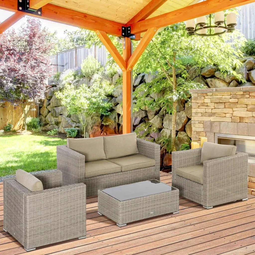 Four-piece rattan-look sofa set with large side table Khaki+Beige