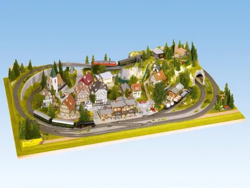 Finished terrain Königsfeld - 160 x 100 cm, approx. 24 cm high, gauge H0, TT, colored and grassed, on wooden frame