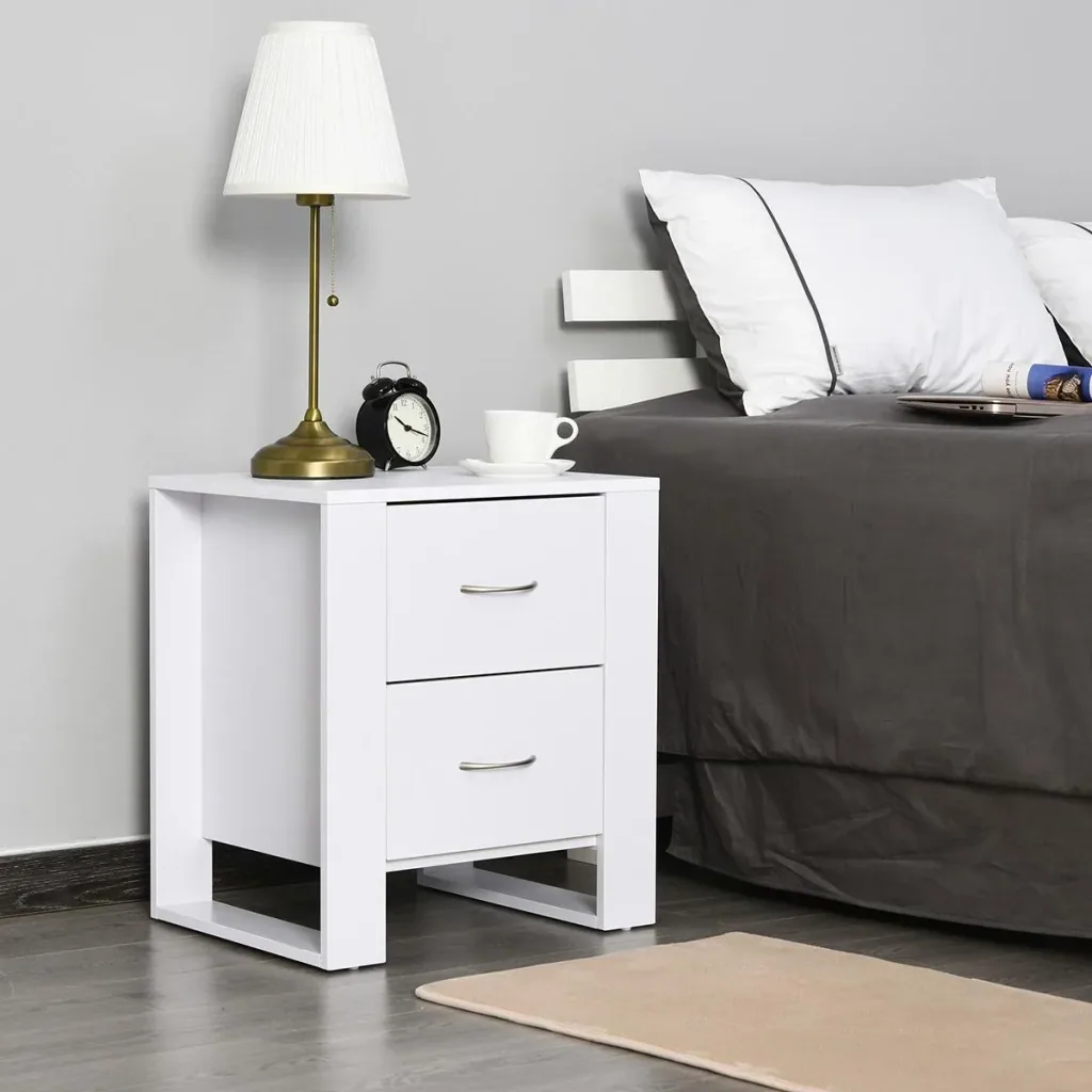 Bedside table with 2 drawers Modern square with handle raised base Melamine coated bedroom storage furniture