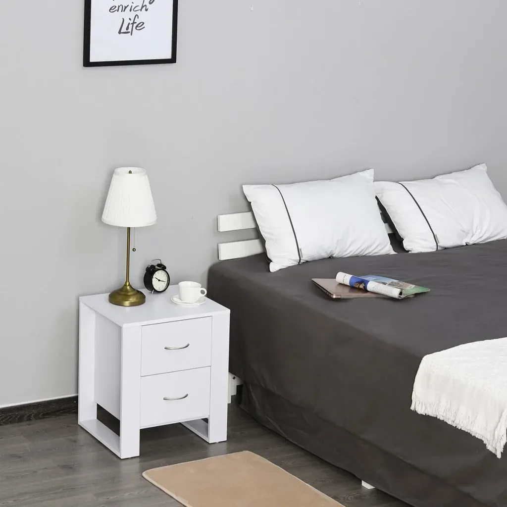 Bedside table with 2 drawers Modern square with handle raised base Melamine coated bedroom storage furniture