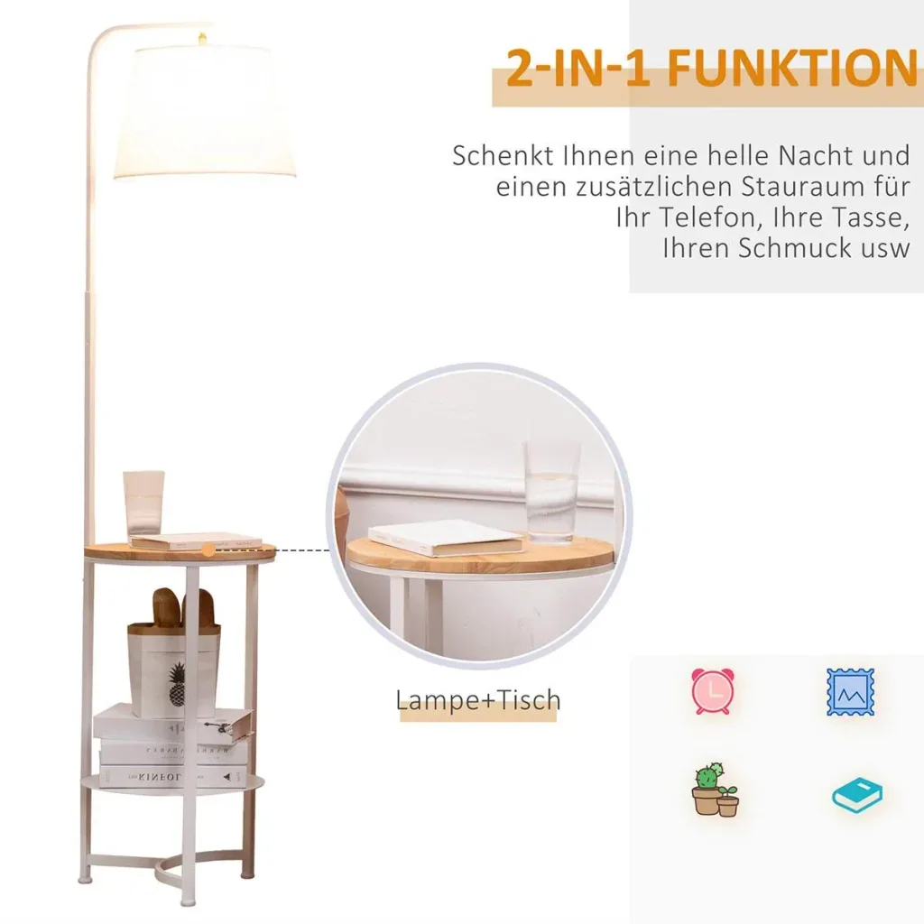 Floor lamp floor lamp side table with 2 shelves interior lighting E27 for living room bedroom office metal MDF Ttery