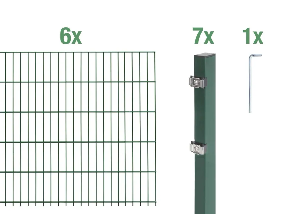 Double rod mesh fence complete set, green, height 120 cm, length 12 m