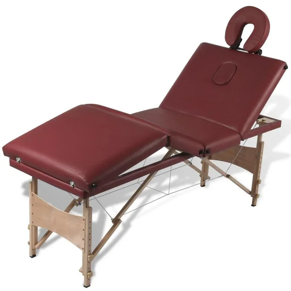 Foldable massage table with wooden frame (four sections / red)