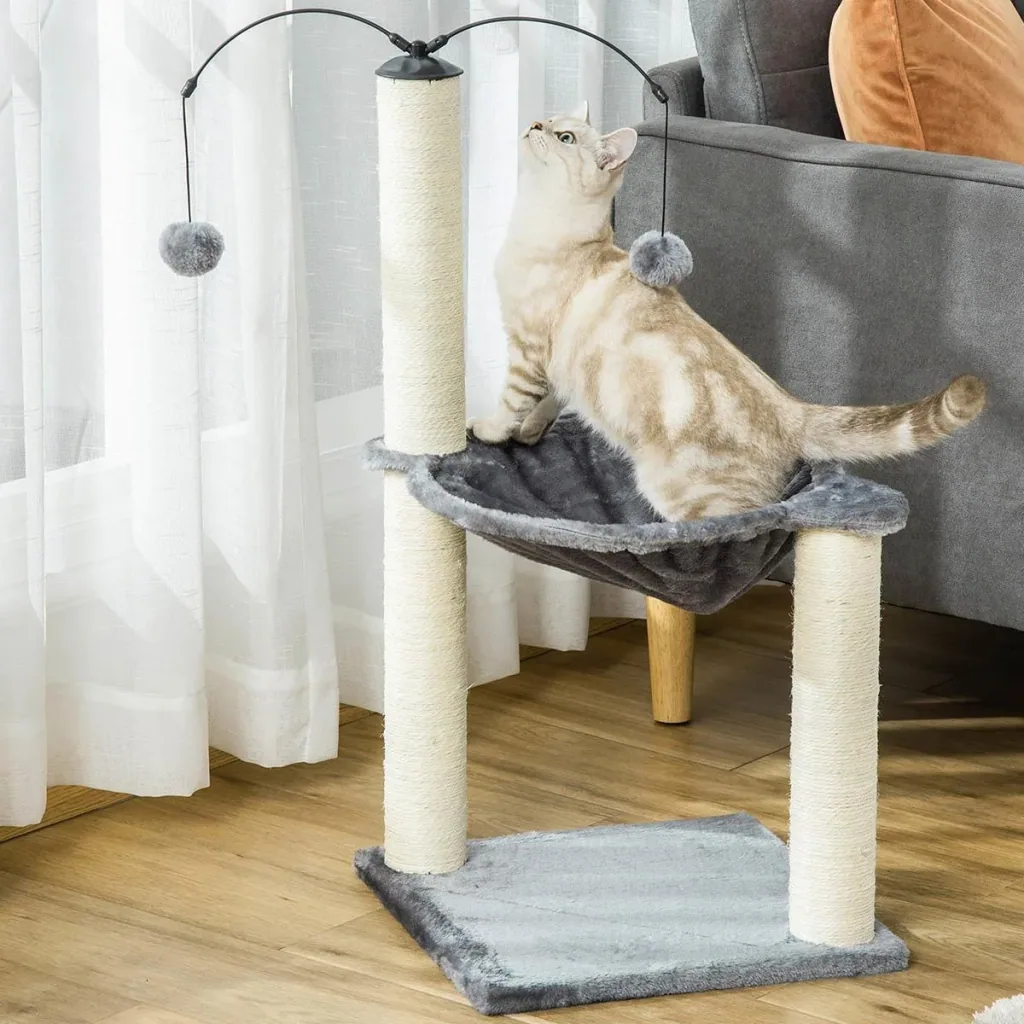 Scratching post with hammock, cat tree, climbing tree for cats with spin ball, grey, 39.5 x 39.5 x 83 cm