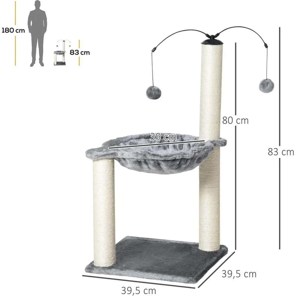Scratching post with hammock, cat tree, climbing tree for cats with spin ball, grey, 39.5 x 39.5 x 83 cm