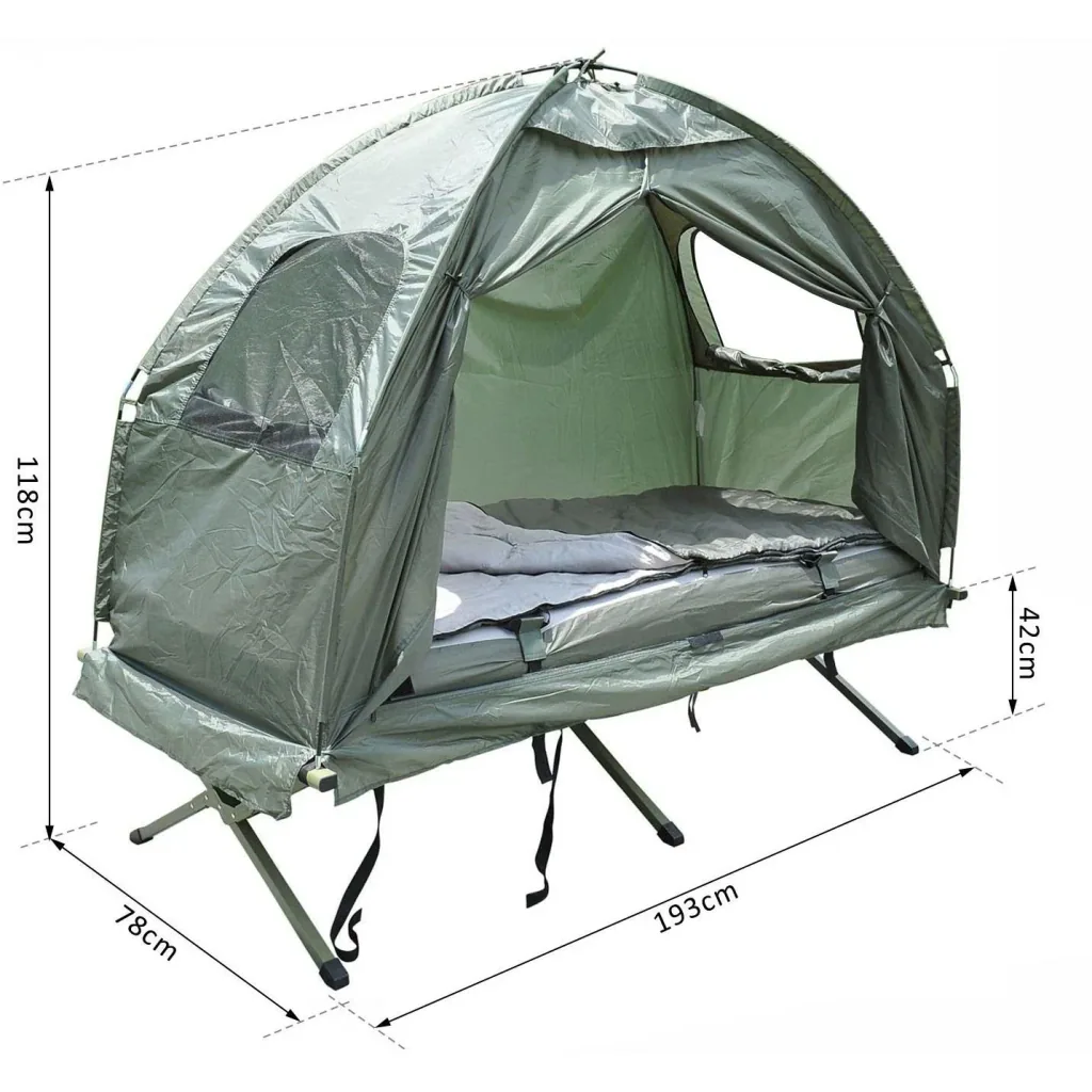 Camping bed set with tent sleeping bag mattress 4 in 1 foldable dark green