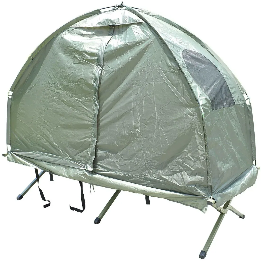 Camping bed set with tent sleeping bag mattress 4 in 1 foldable dark green