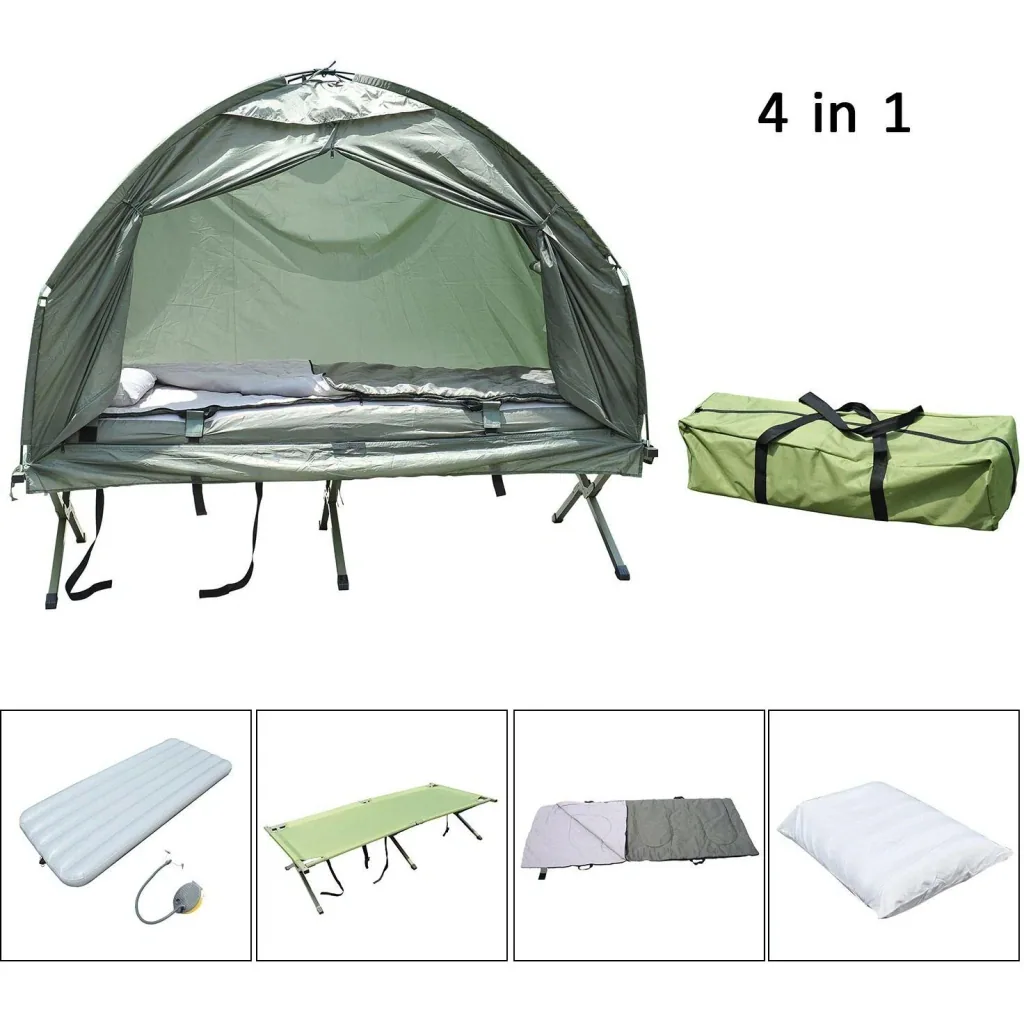 Camping bed set with tent sleeping bag mattress 4 in 1 foldable dark green