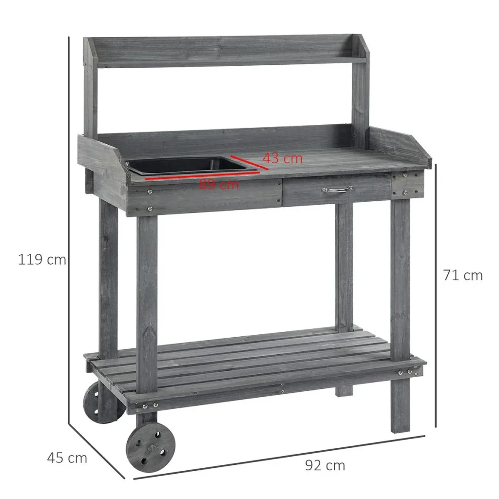 Planting table with drawer 2 levels gardening table with sink and wheels garden fir wood gray 92 x 45 x 119 cm
