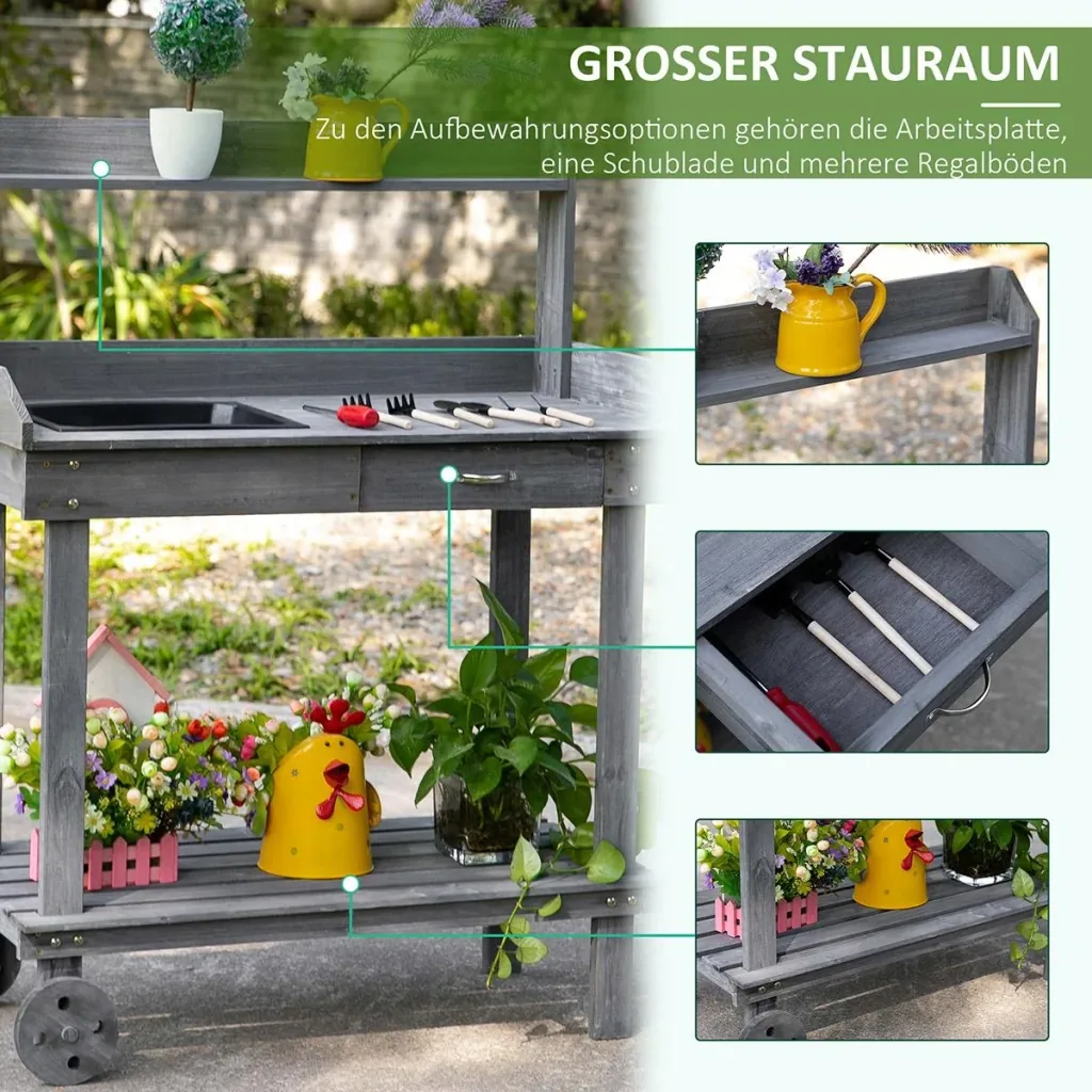 Planting table with drawer 2 levels gardening table with sink and wheels garden fir wood gray 92 x 45 x 119 cm