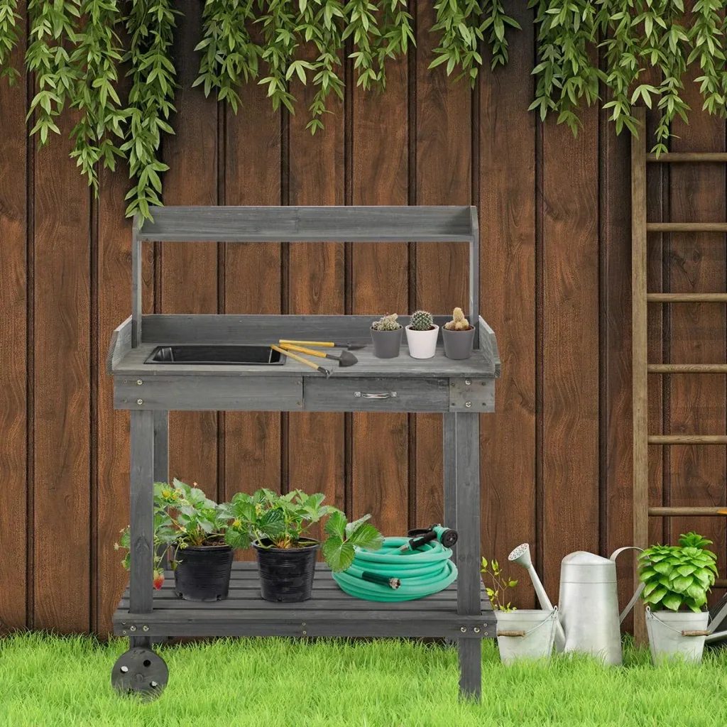 Planting table with drawer 2 levels gardening table with sink and wheels garden fir wood gray 92 x 45 x 119 cm
