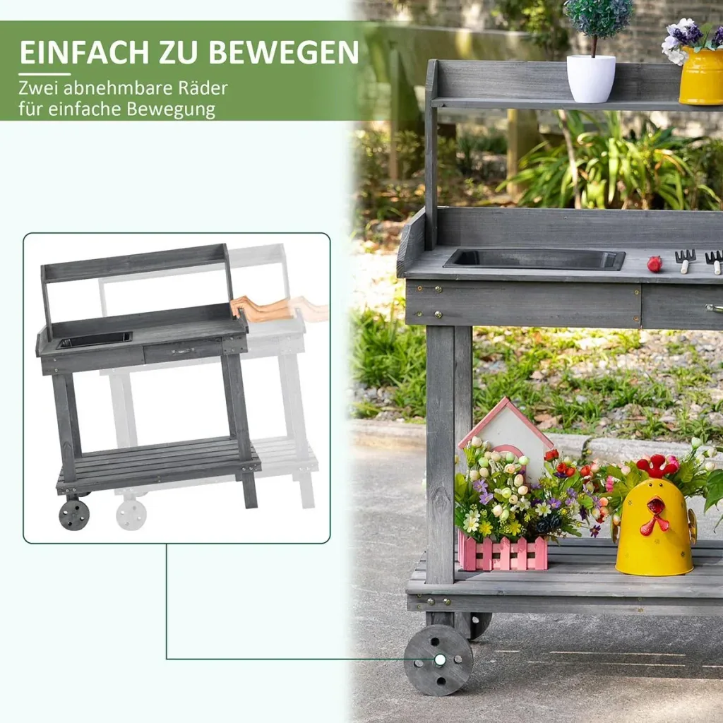 Planting table with drawer 2 levels gardening table with sink and wheels garden fir wood gray 92 x 45 x 119 cm