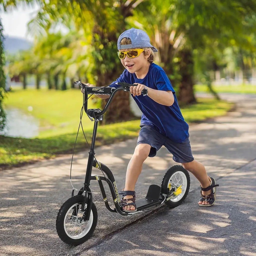 Children's scooter, kick scooter, city scooter, children's scooter, kickboard with pneumatic tires, 12 inches, black, 120 x 58 x 85-95 cm