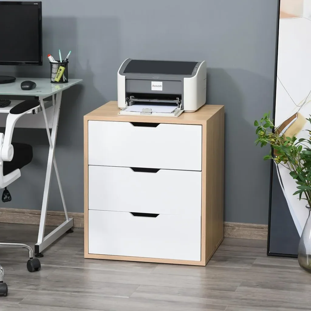 Office container with 3 drawers, filing cabinet, office cabinet, file storage, E1 chipboard, white+natural, 55 x 45 x