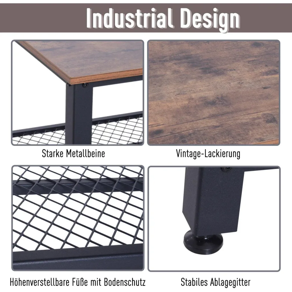Vintage side table, coffee table, sofa table with shelf, metal frame, grained, 106 x 60 x 45 cm