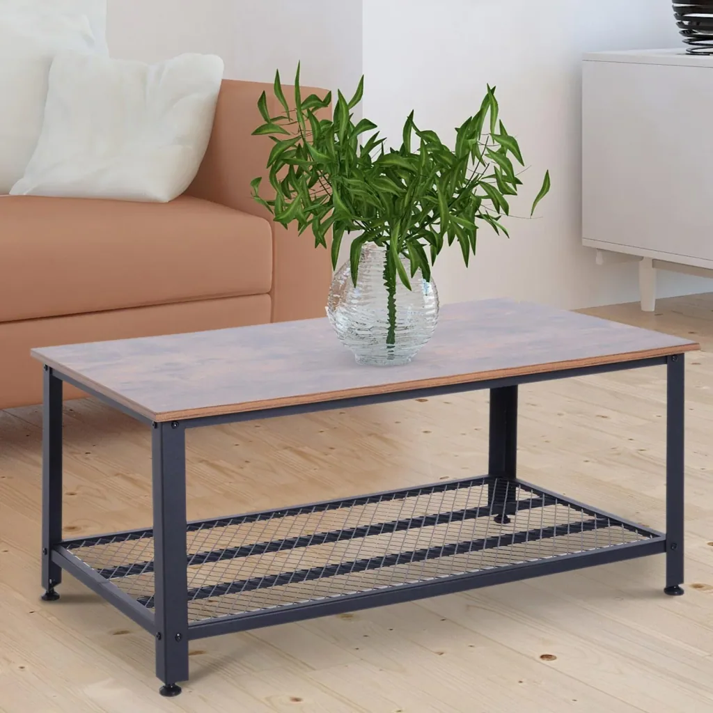 Vintage side table, coffee table, sofa table with shelf, metal frame, grained, 106 x 60 x 45 cm
