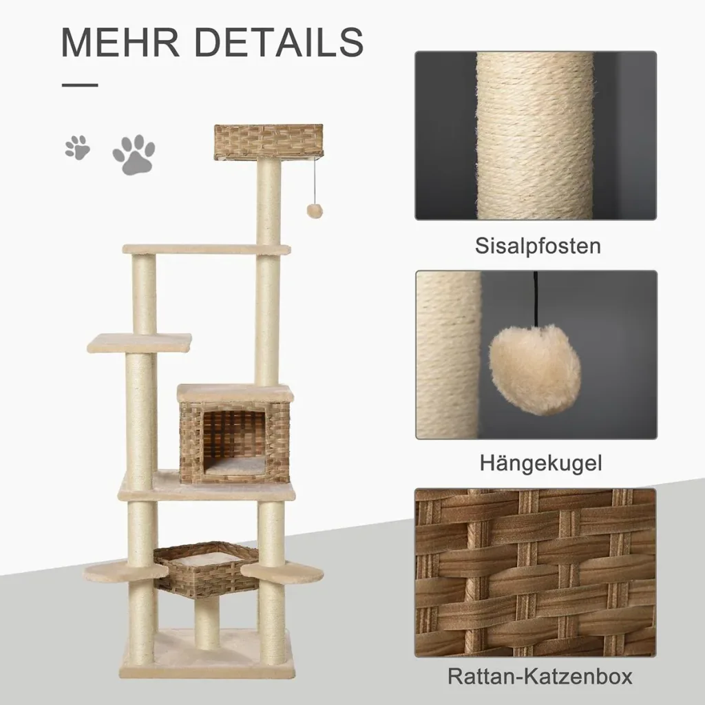 Rattan scratching post with cat cave hammock multi-level cat tree climbing tree for cats E1 MDF sisal beige+brown 55