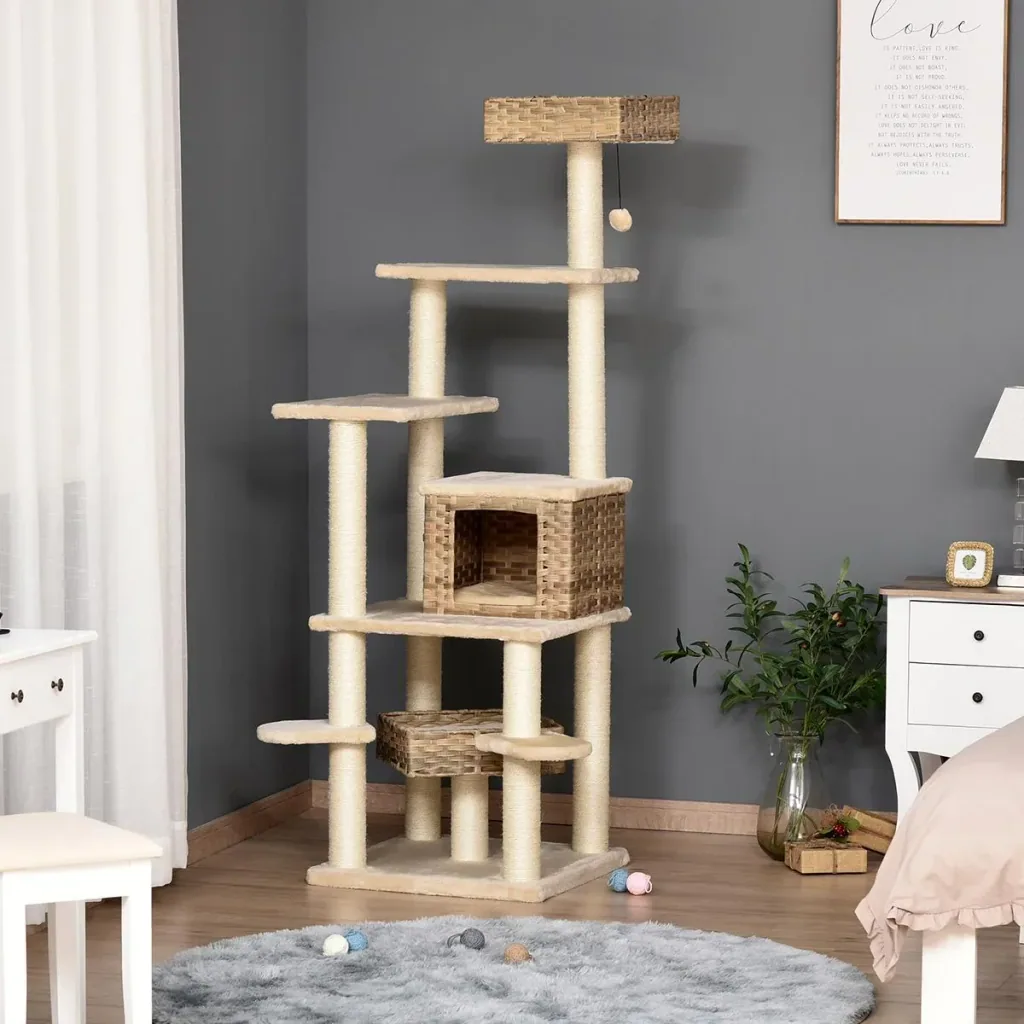 Rattan scratching post with cat cave hammock multi-level cat tree climbing tree for cats E1 MDF sisal beige+brown 55