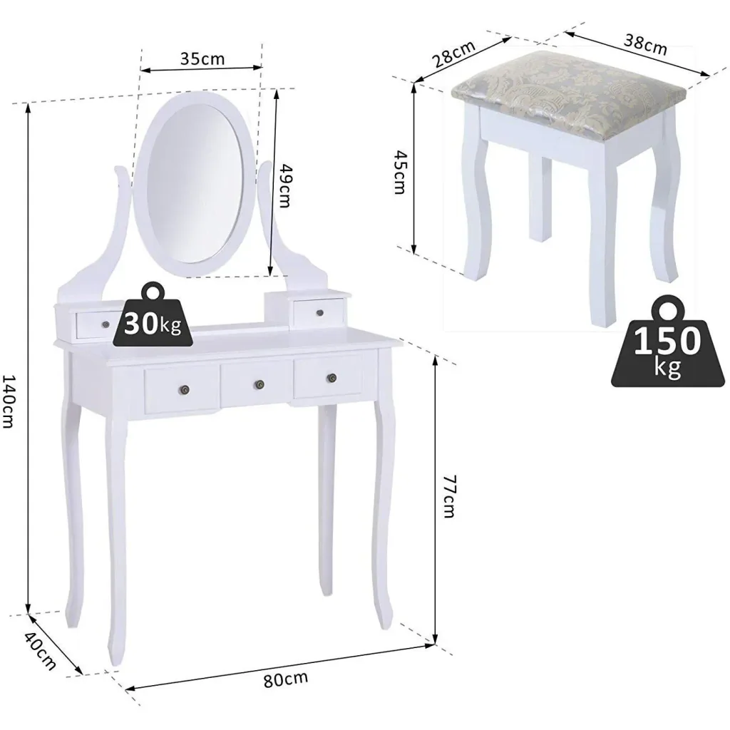 Dressing table with mirror and stool white