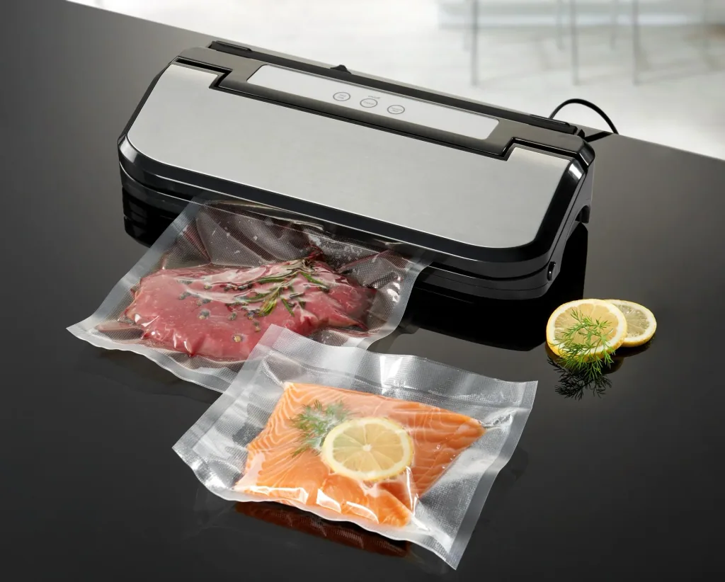 Vacuum sealer set, stainless steel, 150 watts + 50 vacuum bags + 100 labels
