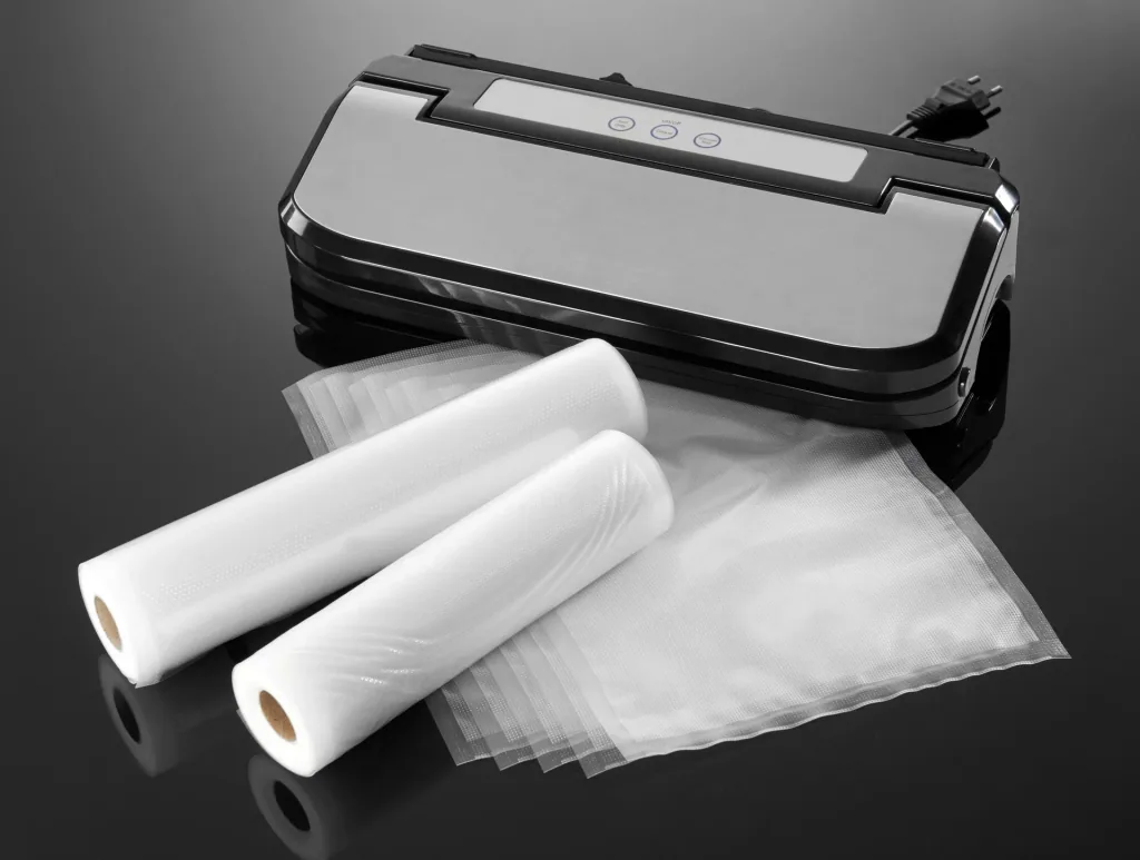 Vacuum sealer set, stainless steel, 150 watts + 50 vacuum bags + 100 labels