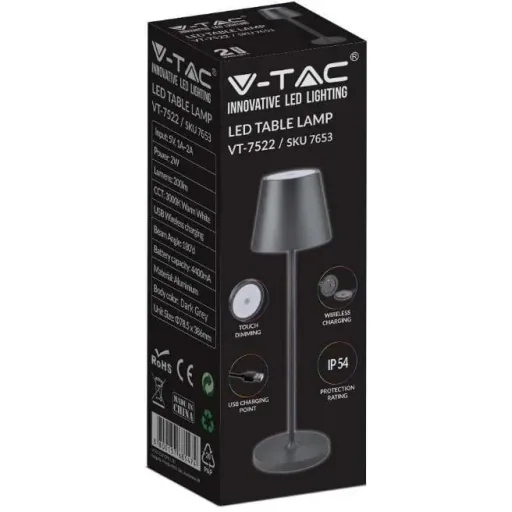 VT-7522 Table Lamp - 3000K - Dimmable via Touch - Rechargeable - Black - IP54