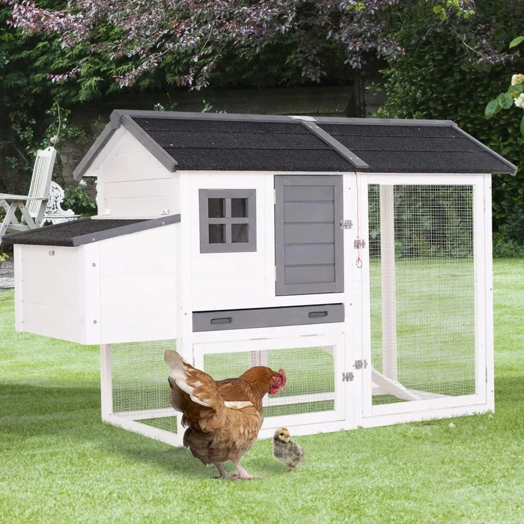 Chicken coop with nesting box, run-out shed, poultry house with perch, solid wood, white, 168 x 80 x 111 cm