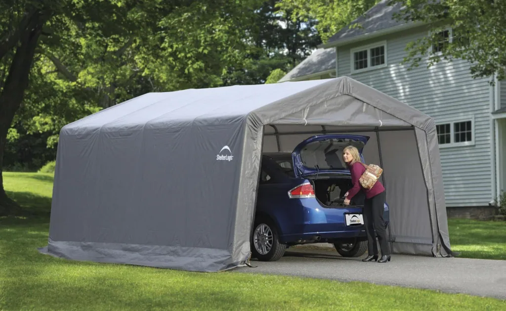 Foliekas 18 m², grijs, 370×490 cm – Garage-in-a-Box, DuPont stalen frame, weerbestendig