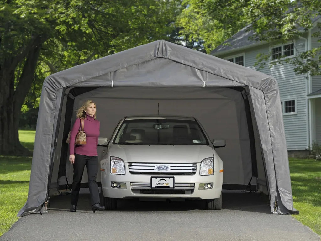 Foliekas 18 m², grijs, 370×490 cm – Garage-in-a-Box, DuPont stalen frame, weerbestendig