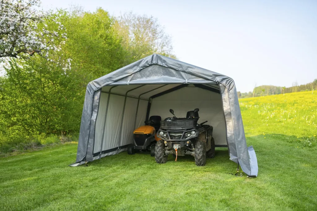 Foliekas 18 m², grijs, 370×490 cm – Garage-in-a-Box, DuPont stalen frame, weerbestendig