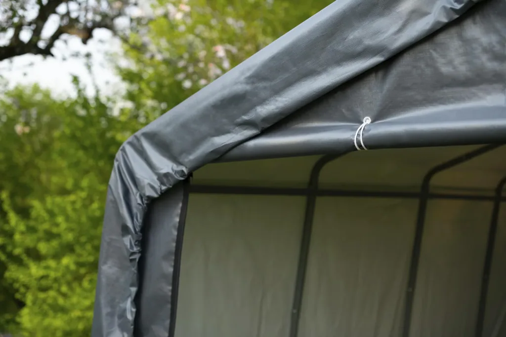 Foliekas 18 m², grijs, 370×490 cm – Garage-in-a-Box, DuPont stalen frame, weerbestendig