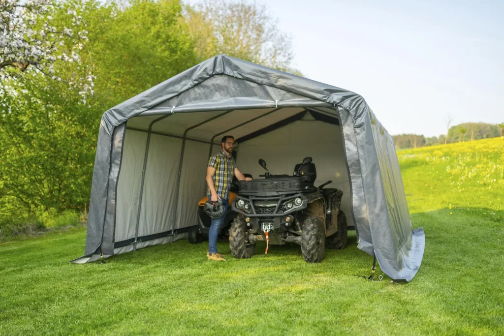 Foliekas 18 m², grijs, 370×490 cm – Garage-in-a-Box, DuPont stalen frame, weerbestendig