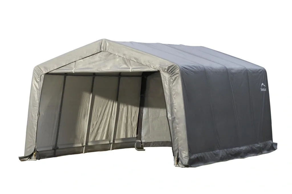 Foliekas 18 m², grijs, 370×490 cm – Garage-in-a-Box, DuPont stalen frame, weerbestendig