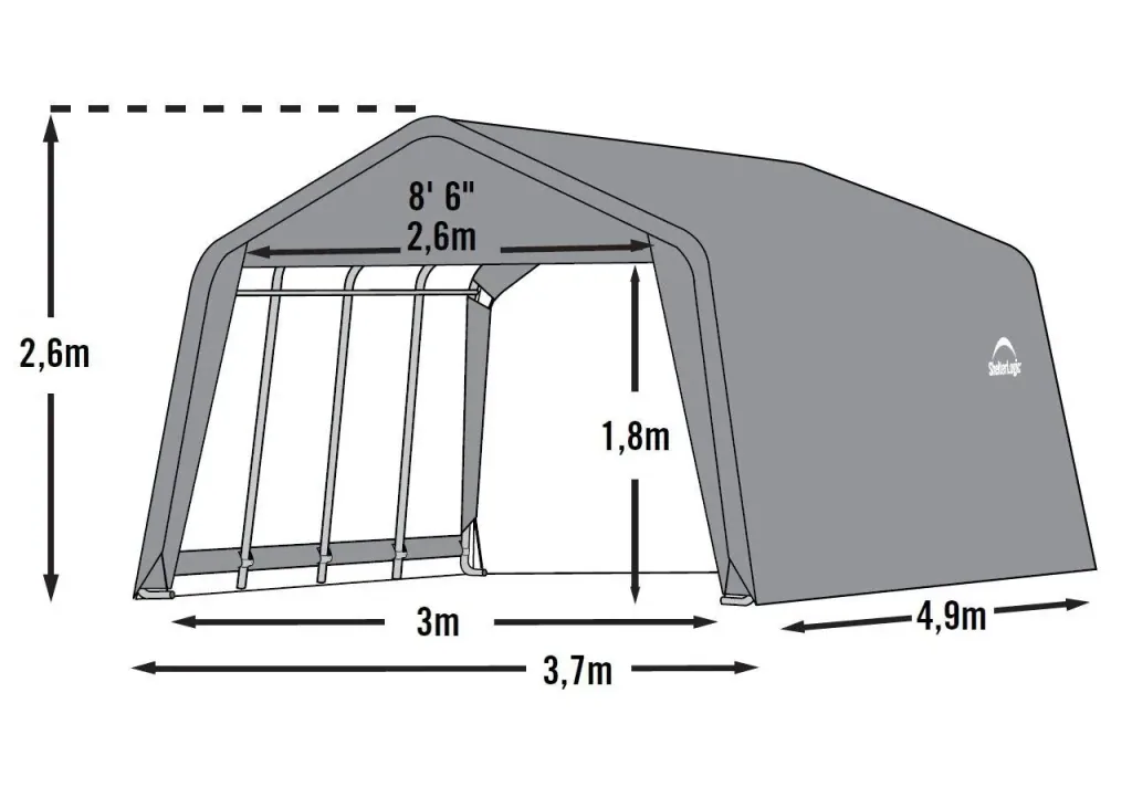 Foliekas 18 m², grijs, 370×490 cm – Garage-in-a-Box, DuPont stalen frame, weerbestendig