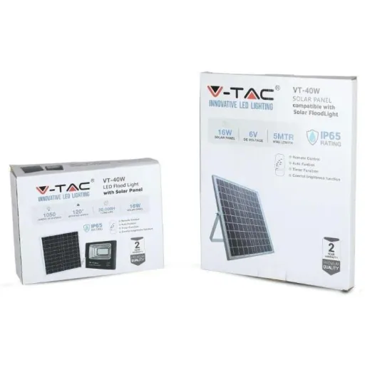 VT-40W Solar Floodlight with Solar Panel - 1050 Lm - 6000K - Black