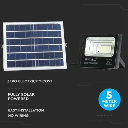 VT-40W Solar Floodlight with Solar Panel - 1050 Lm - 6000K - Black