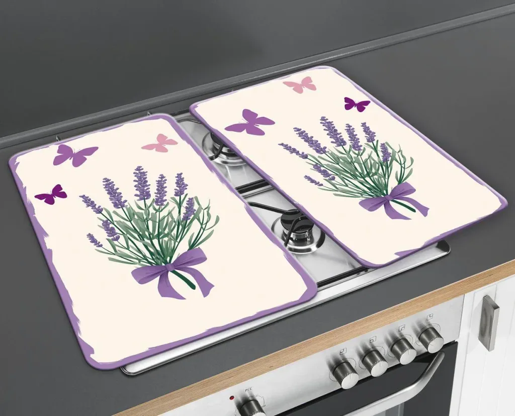 3-in-1 stove cover plates, cutting boards, worktops, glass, lavender bouquet design, each 52 x 30 cm, set of 2
