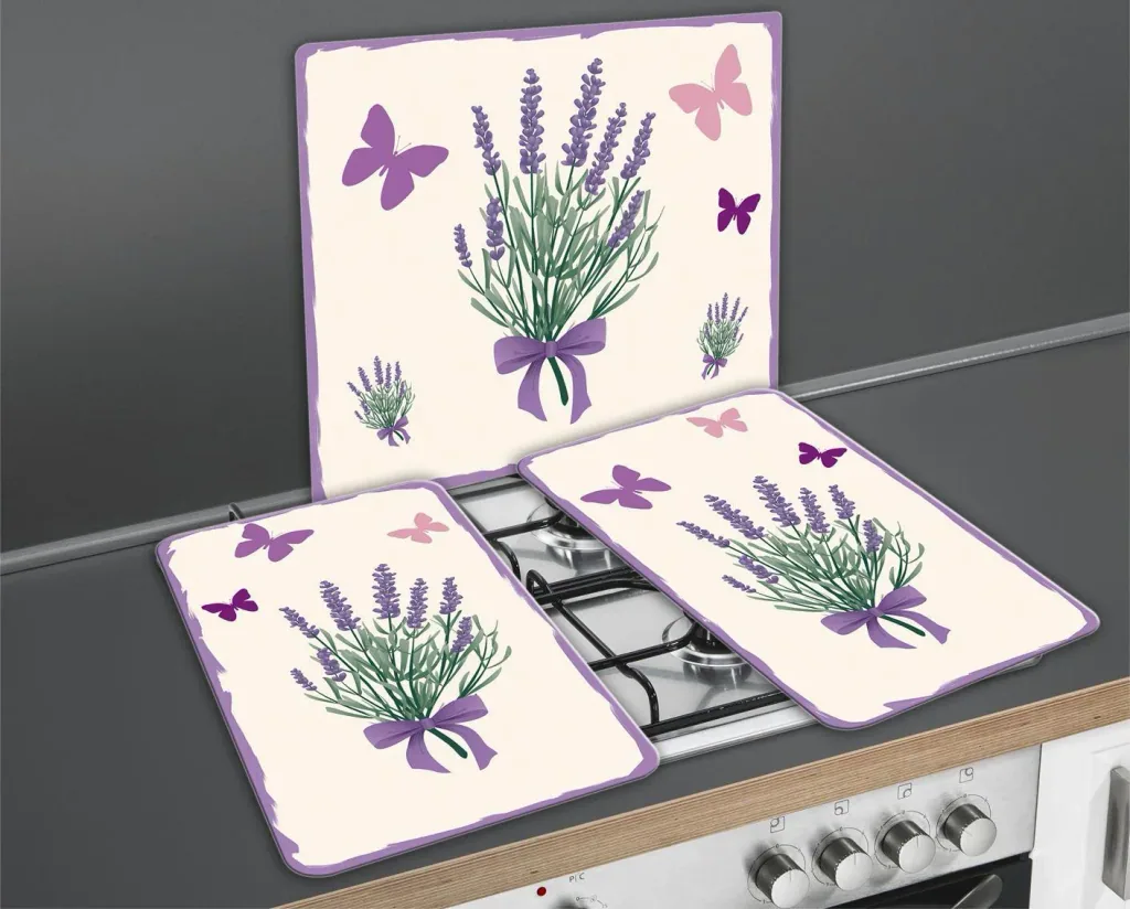 3-in-1 stove cover plates, cutting boards, worktops, glass, lavender bouquet design, each 52 x 30 cm, set of 2