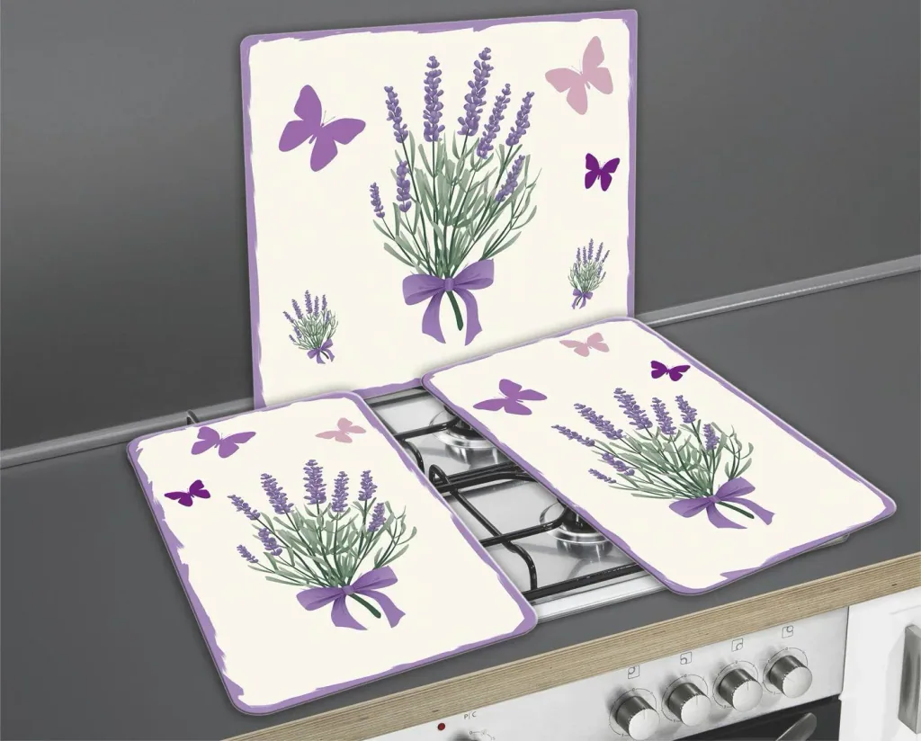 3-in-1 stove cover plates, cutting boards, worktops, glass, lavender bouquet design, each 52 x 30 cm, set of 2